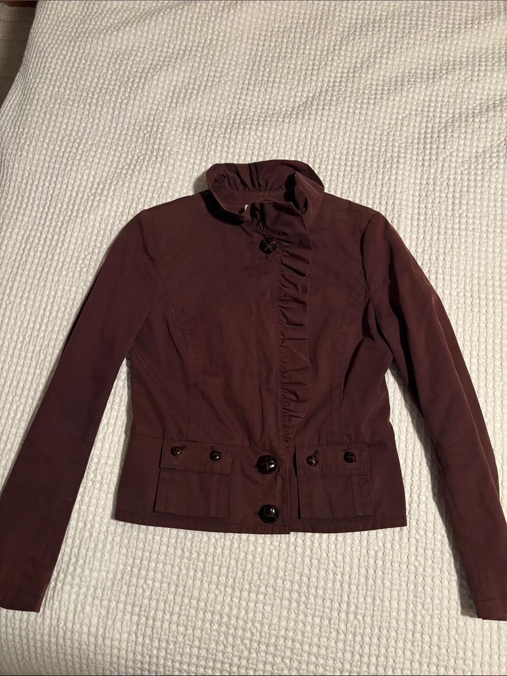 Women’s Ruffled Front Jacket in Deep Burgundy